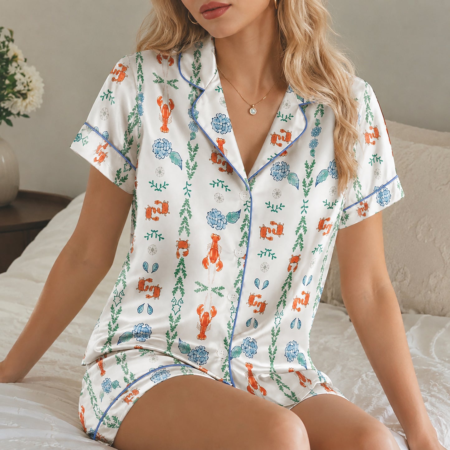 PJ-353-White Satin Lobster Pajama Apparel, Orange Crab Pattern Sleeve Loungewear Sleepwear Collection Clothing