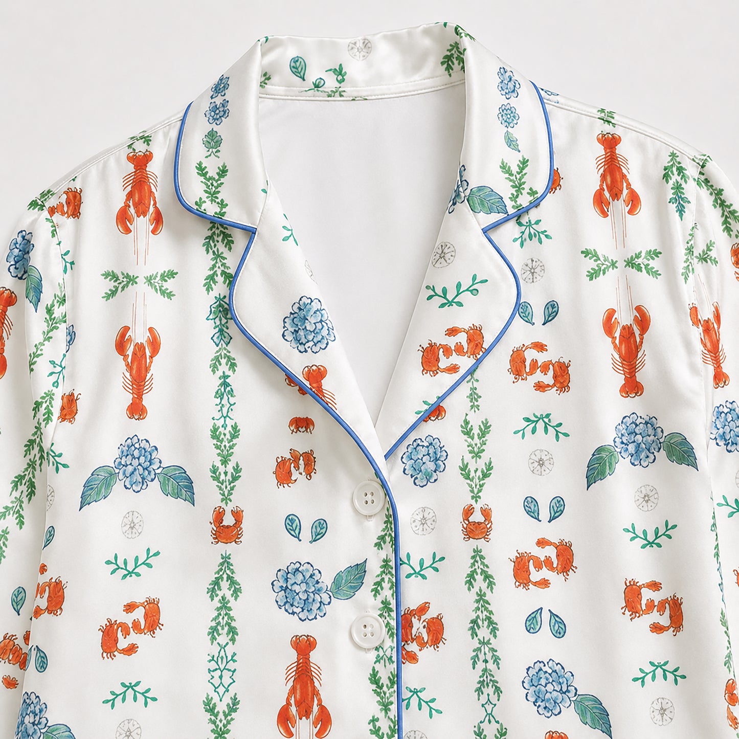 PJ-353-White Satin Lobster Pajama Apparel, Orange Crab Pattern Sleeve Loungewear Sleepwear Collection Clothing