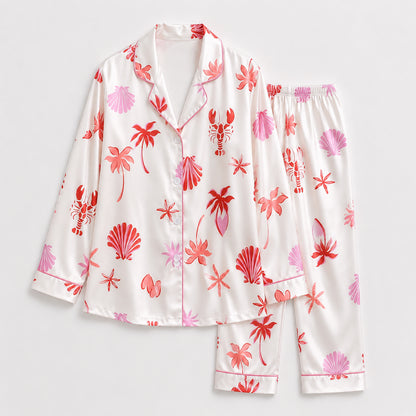 PJ-354-Alabaster Silk Coastal Pajama Apparel, Crimson Palm Graphic Loungewear Sleepwear Collection Raiment