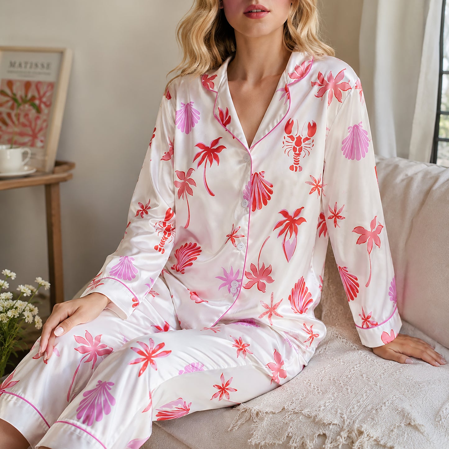 PJ-354-Alabaster Silk Coastal Pajama Apparel, Crimson Palm Graphic Loungewear Sleepwear Collection Raiment