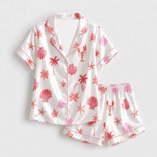 PJ-354-Alabaster Silk Coastal Pajama Apparel, Crimson Palm Graphic Loungewear Sleepwear Collection Raiment