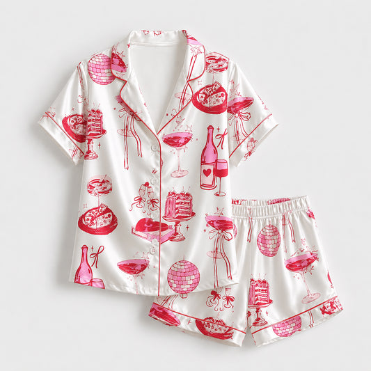 PJ-355-Creamy Poly Celebration Pajama Apparel, Sweet Pizza Printed Loungewear Sleepwear Collection Attire
