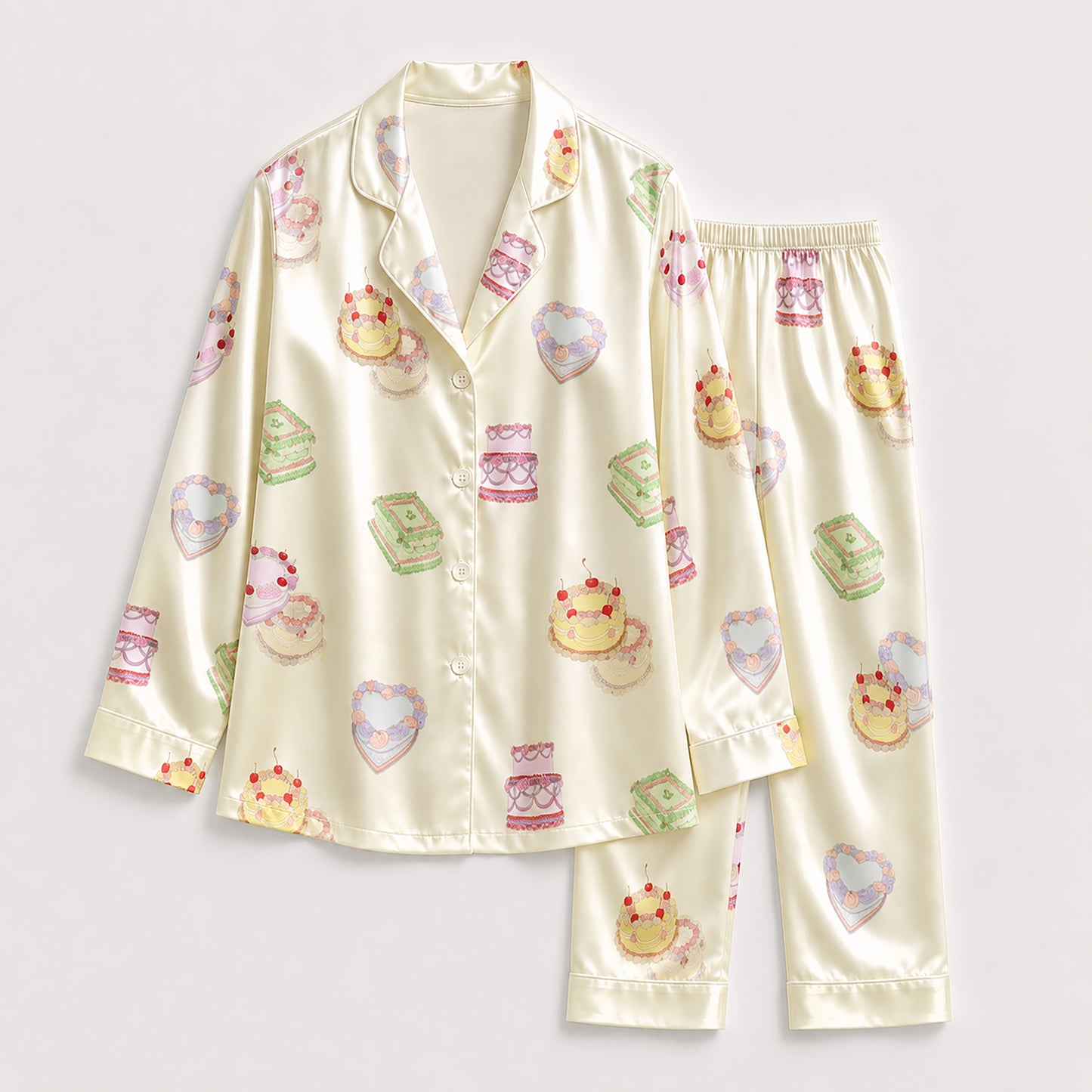 PJ-356-Satin Cake Pajama Apparel, Colorful Dessert Pattern Sleeve Loungewear Sleepwear Collection Clothing