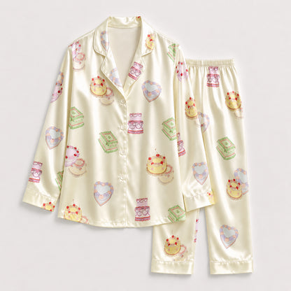 PJ-356-Satin Cake Pajama Apparel, Colorful Dessert Pattern Sleeve Loungewear Sleepwear Collection Clothing