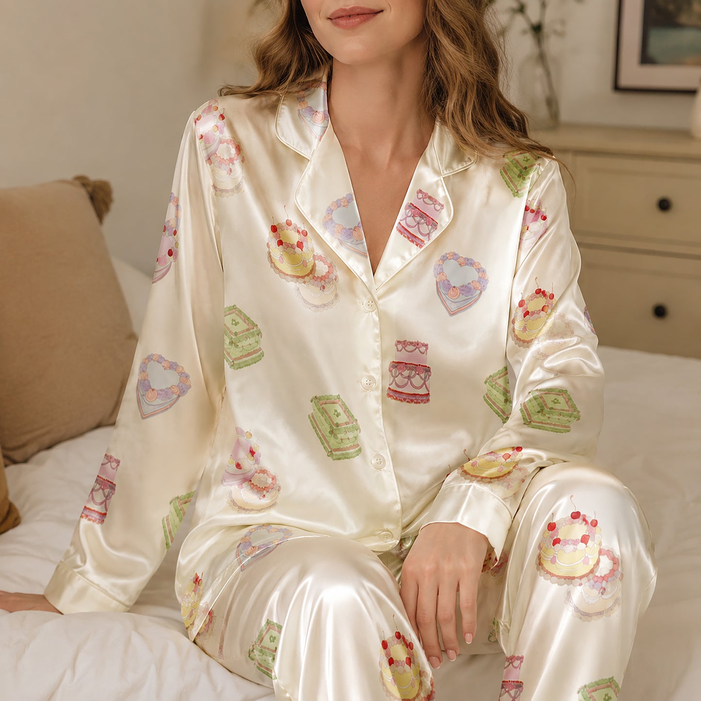 PJ-356-Satin Cake Pajama Apparel, Colorful Dessert Pattern Sleeve Loungewear Sleepwear Collection Clothing