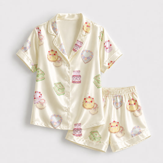 PJ-356-Satin Cake Pajama Apparel, Colorful Dessert Pattern Sleeve Loungewear Sleepwear Collection Clothing