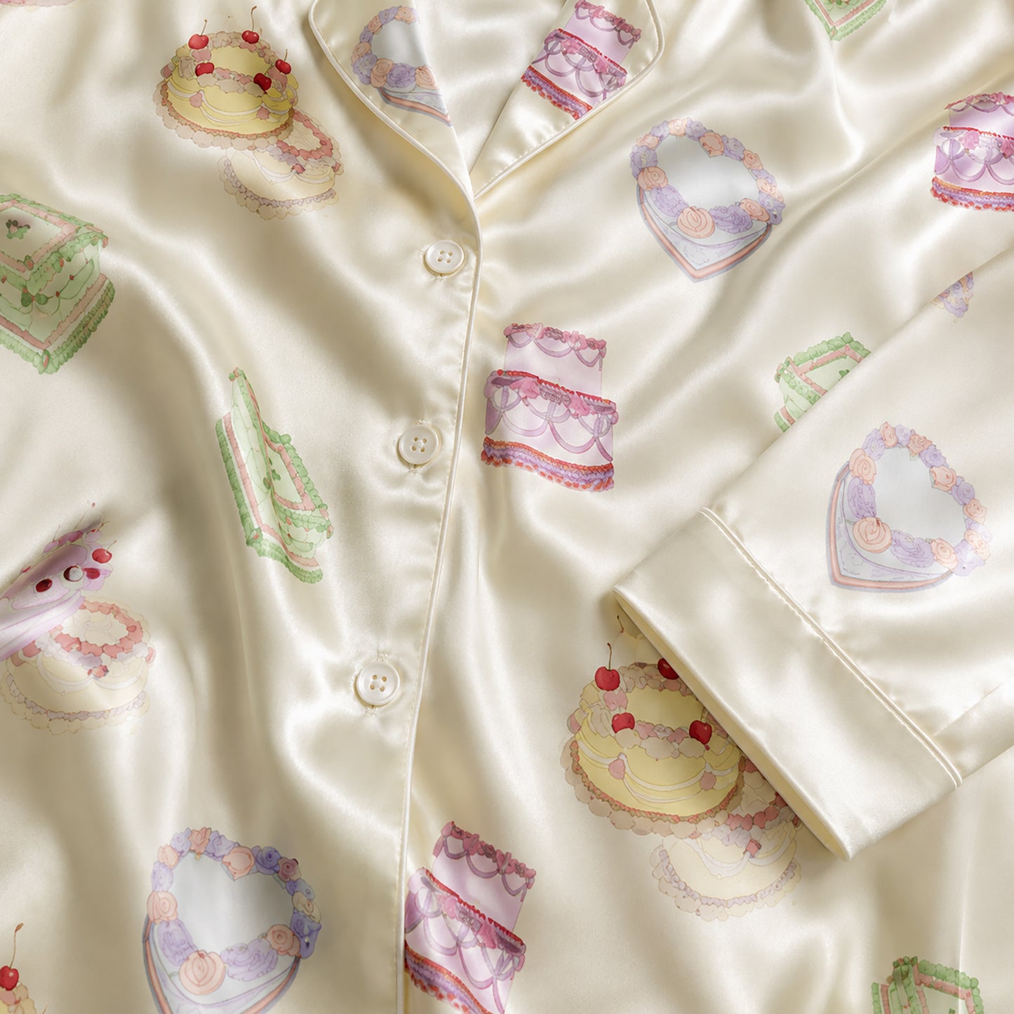PJ-356-Satin Cake Pajama Apparel, Colorful Dessert Pattern Sleeve Loungewear Sleepwear Collection Clothing