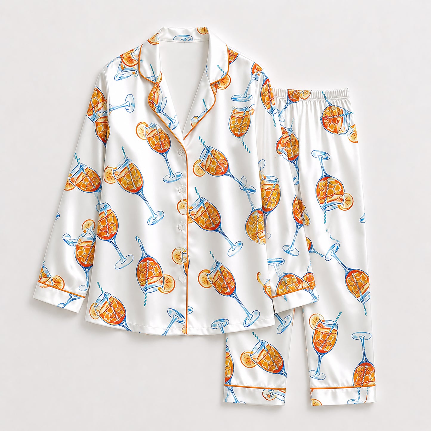 PJ-357-Pearl Satin Happy-Hour Pajama Apparel, Scattered Wineglass Layout Loungewear Sleepwear Collection Garments