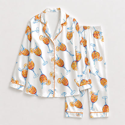 PJ-357-Pearl Satin Happy-Hour Pajama Apparel, Scattered Wineglass Layout Loungewear Sleepwear Collection Garments