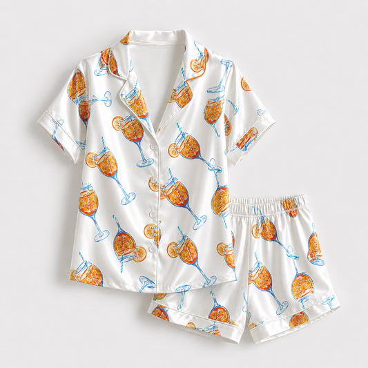 PJ-357-Pearl Satin Happy-Hour Pajama Apparel, Scattered Wineglass Layout Loungewear Sleepwear Collection Garments