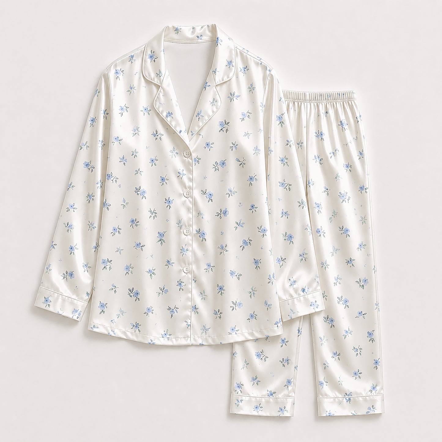 PJ-359-Alabaster Silk Botanical Pajama Apparel, Periwinkle Bud Graphic Loungewear Sleepwear Collection Raiment