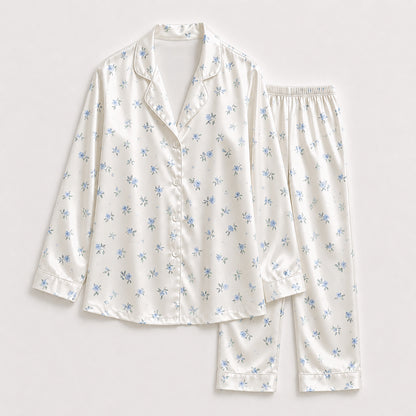 PJ-359-Alabaster Silk Botanical Pajama Apparel, Periwinkle Bud Graphic Loungewear Sleepwear Collection Raiment