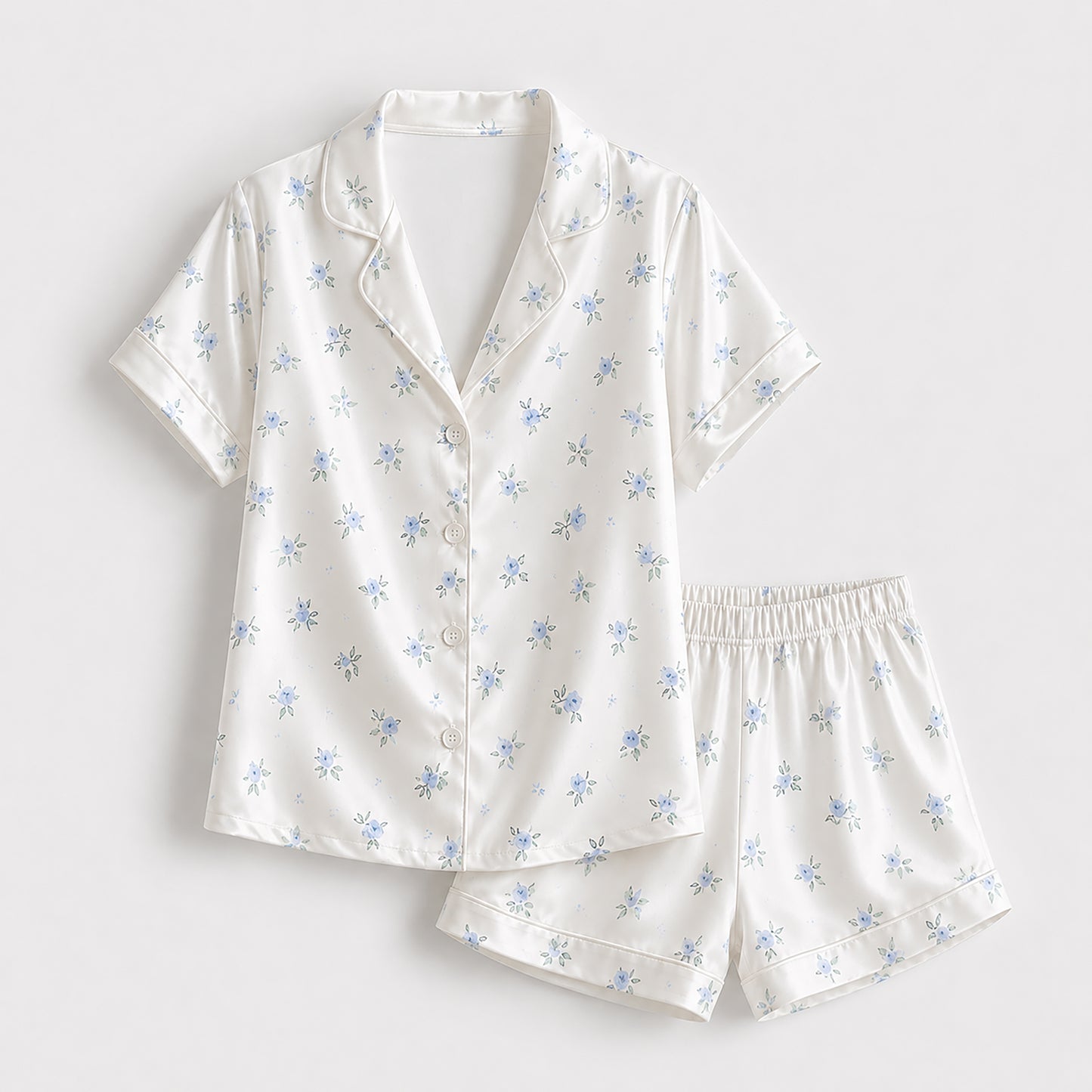PJ-359-Alabaster Silk Botanical Pajama Apparel, Periwinkle Bud Graphic Loungewear Sleepwear Collection Raiment