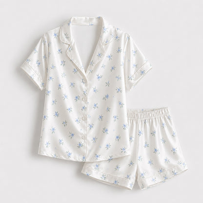 PJ-359-Alabaster Silk Botanical Pajama Apparel, Periwinkle Bud Graphic Loungewear Sleepwear Collection Raiment