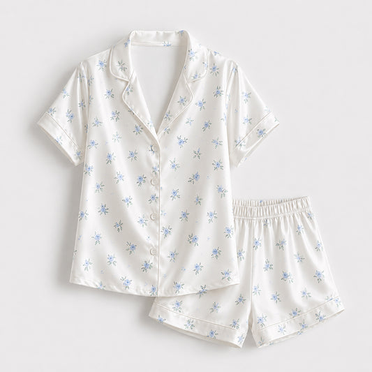 PJ-359-Alabaster Silk Botanical Pajama Apparel, Periwinkle Bud Graphic Loungewear Sleepwear Collection Raiment
