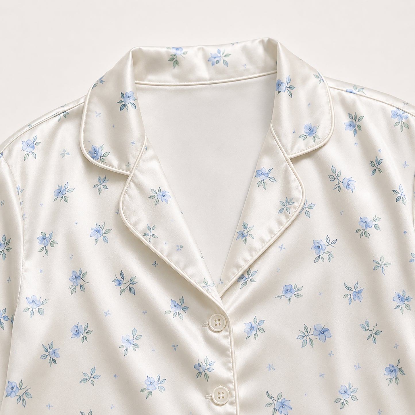 PJ-359-Alabaster Silk Botanical Pajama Apparel, Periwinkle Bud Graphic Loungewear Sleepwear Collection Raiment