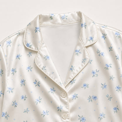 PJ-359-Alabaster Silk Botanical Pajama Apparel, Periwinkle Bud Graphic Loungewear Sleepwear Collection Raiment