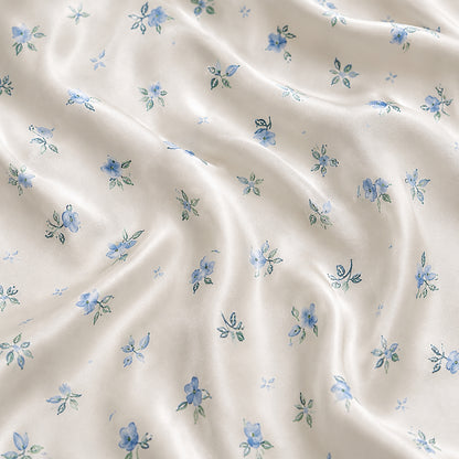 PJ-359-Alabaster Silk Botanical Pajama Apparel, Periwinkle Bud Graphic Loungewear Sleepwear Collection Raiment