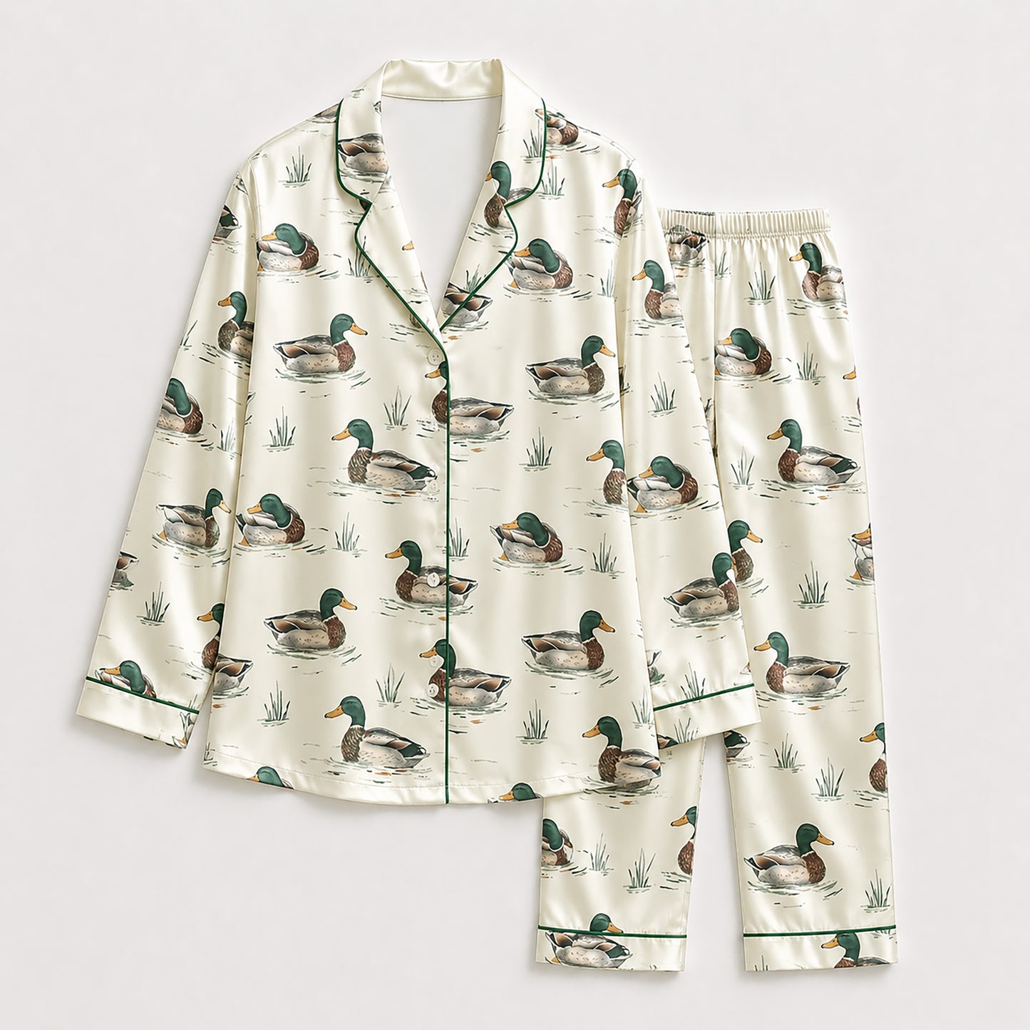 PJ-361-Satin Mallard Pajama Apparel, Green Duck Pattern Sleeve Loungewear Sleepwear Collection Clothing