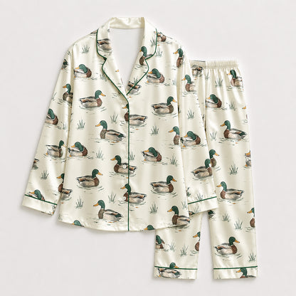PJ-361-Satin Mallard Pajama Apparel, Green Duck Pattern Sleeve Loungewear Sleepwear Collection Clothing