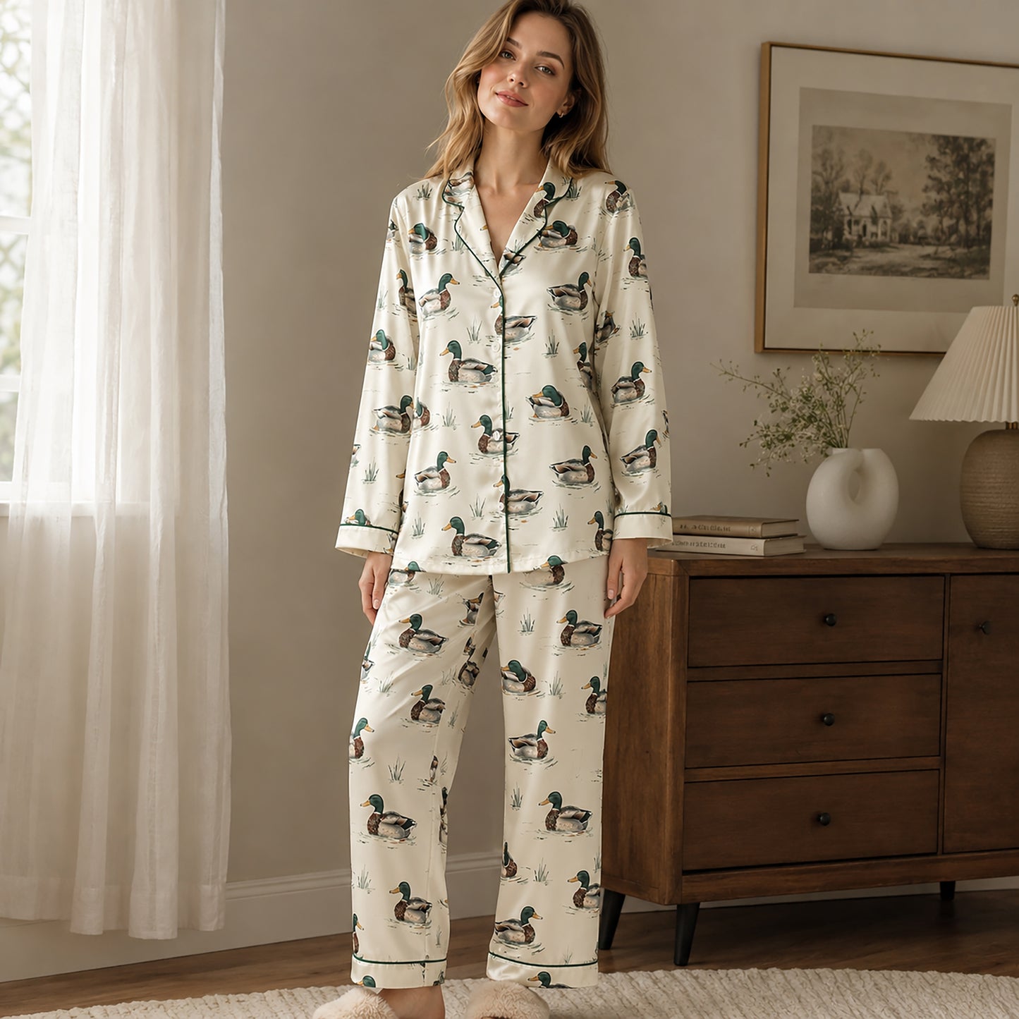 PJ-361-Satin Mallard Pajama Apparel, Green Duck Pattern Sleeve Loungewear Sleepwear Collection Clothing