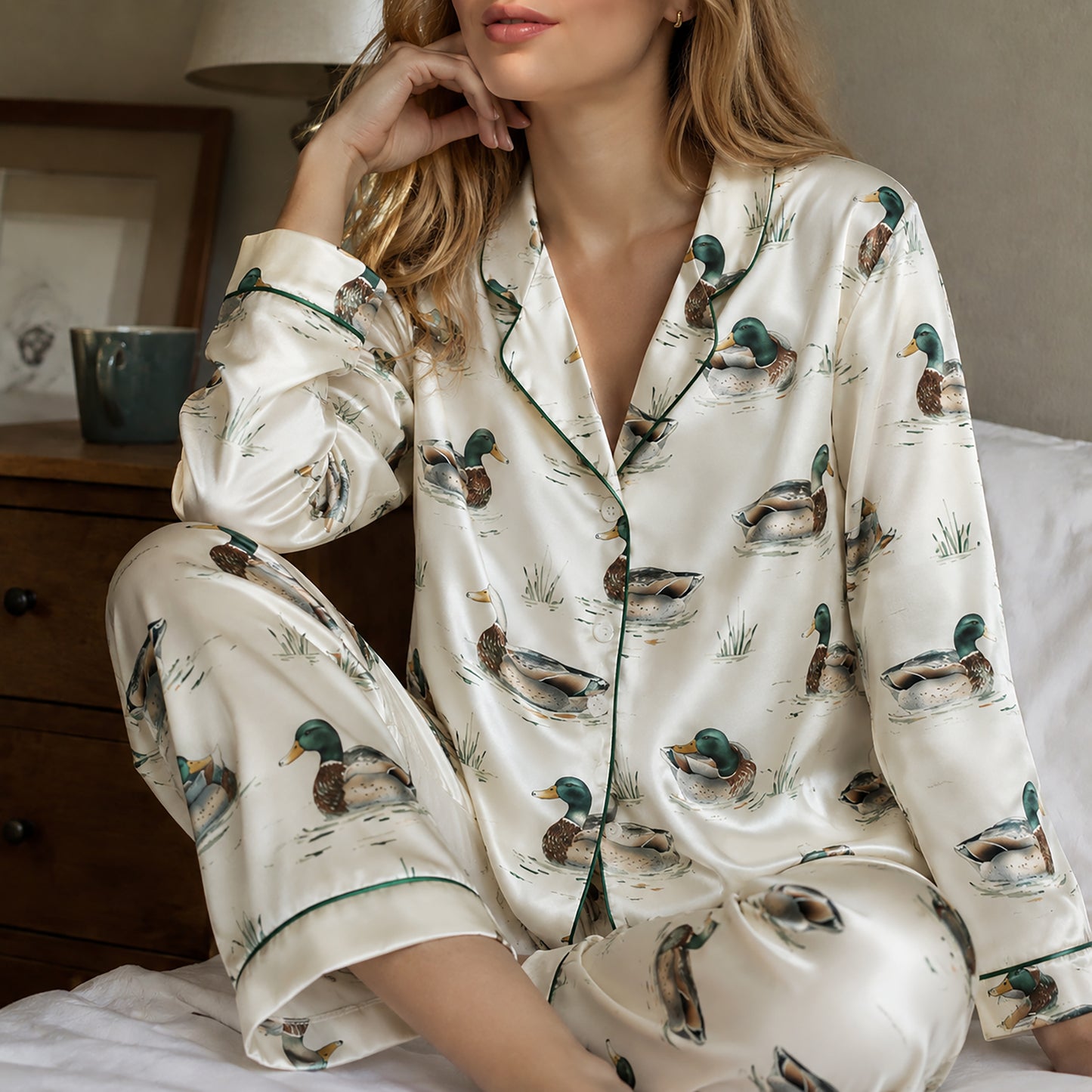 PJ-361-Satin Mallard Pajama Apparel, Green Duck Pattern Sleeve Loungewear Sleepwear Collection Clothing
