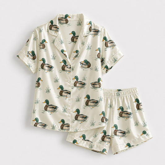 PJ-361-Satin Mallard Pajama Apparel, Green Duck Pattern Sleeve Loungewear Sleepwear Collection Clothing