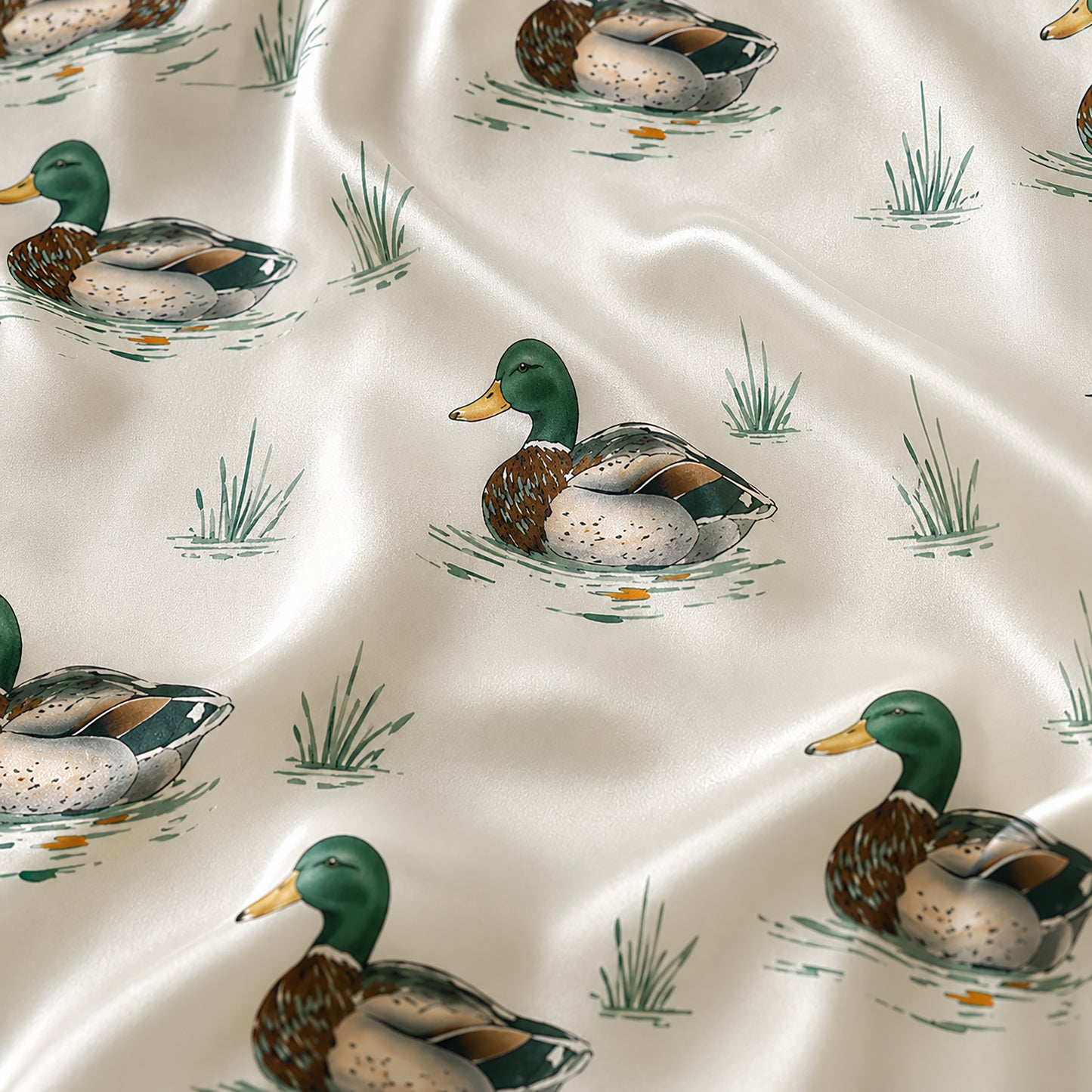 PJ-361-Satin Mallard Pajama Apparel, Green Duck Pattern Sleeve Loungewear Sleepwear Collection Clothing
