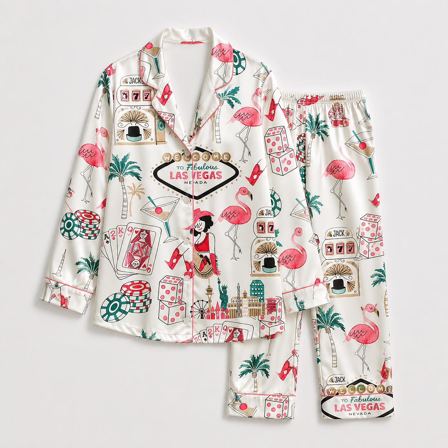 PJ-362-White Satin Flamingo Pajama Apparel, Vegas Motif Pattern Sleeve Loungewear Sleepwear Collection Nightwear