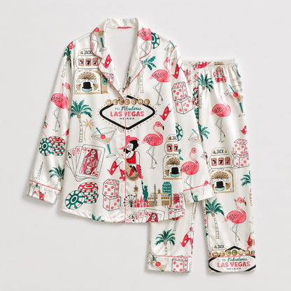 PJ-362-White Satin Flamingo Pajama Apparel, Vegas Motif Pattern Sleeve Loungewear Sleepwear Collection Nightwear