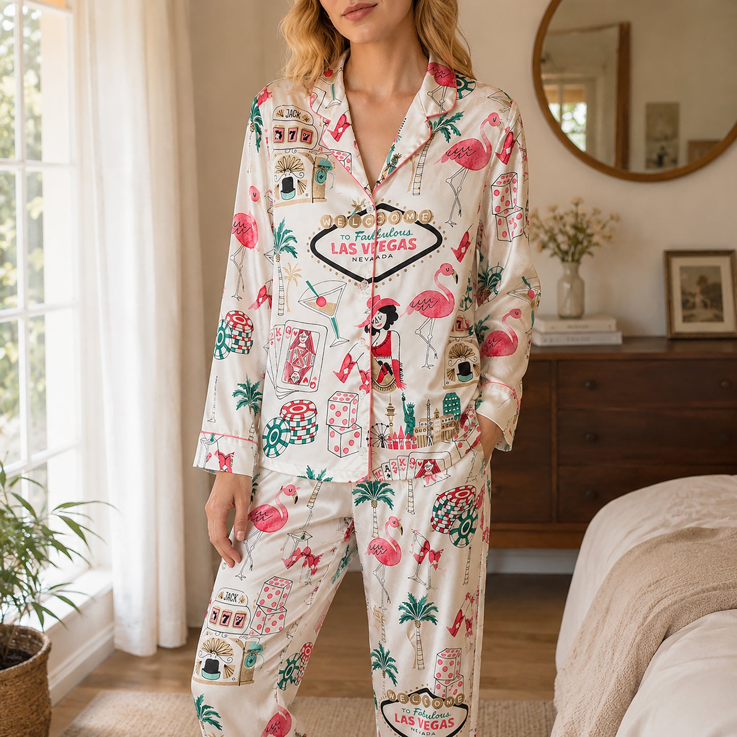 PJ-362-White Satin Flamingo Pajama Apparel, Vegas Motif Pattern Sleeve Loungewear Sleepwear Collection Nightwear