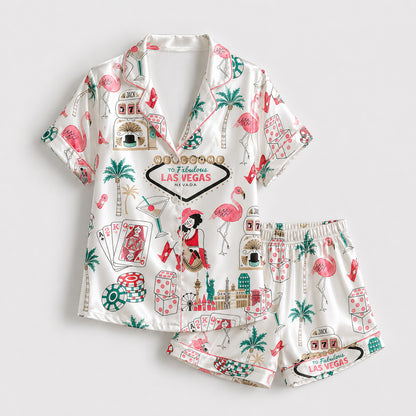 PJ-362-White Satin Flamingo Pajama Apparel, Vegas Motif Pattern Sleeve Loungewear Sleepwear Collection Nightwear