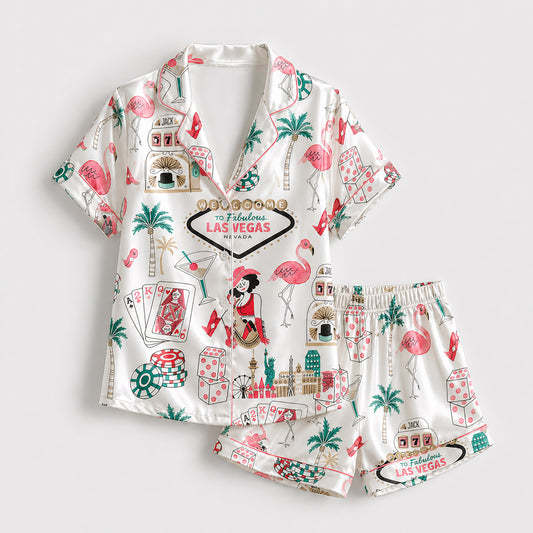 PJ-362-White Satin Flamingo Pajama Apparel, Vegas Motif Pattern Sleeve Loungewear Sleepwear Collection Nightwear