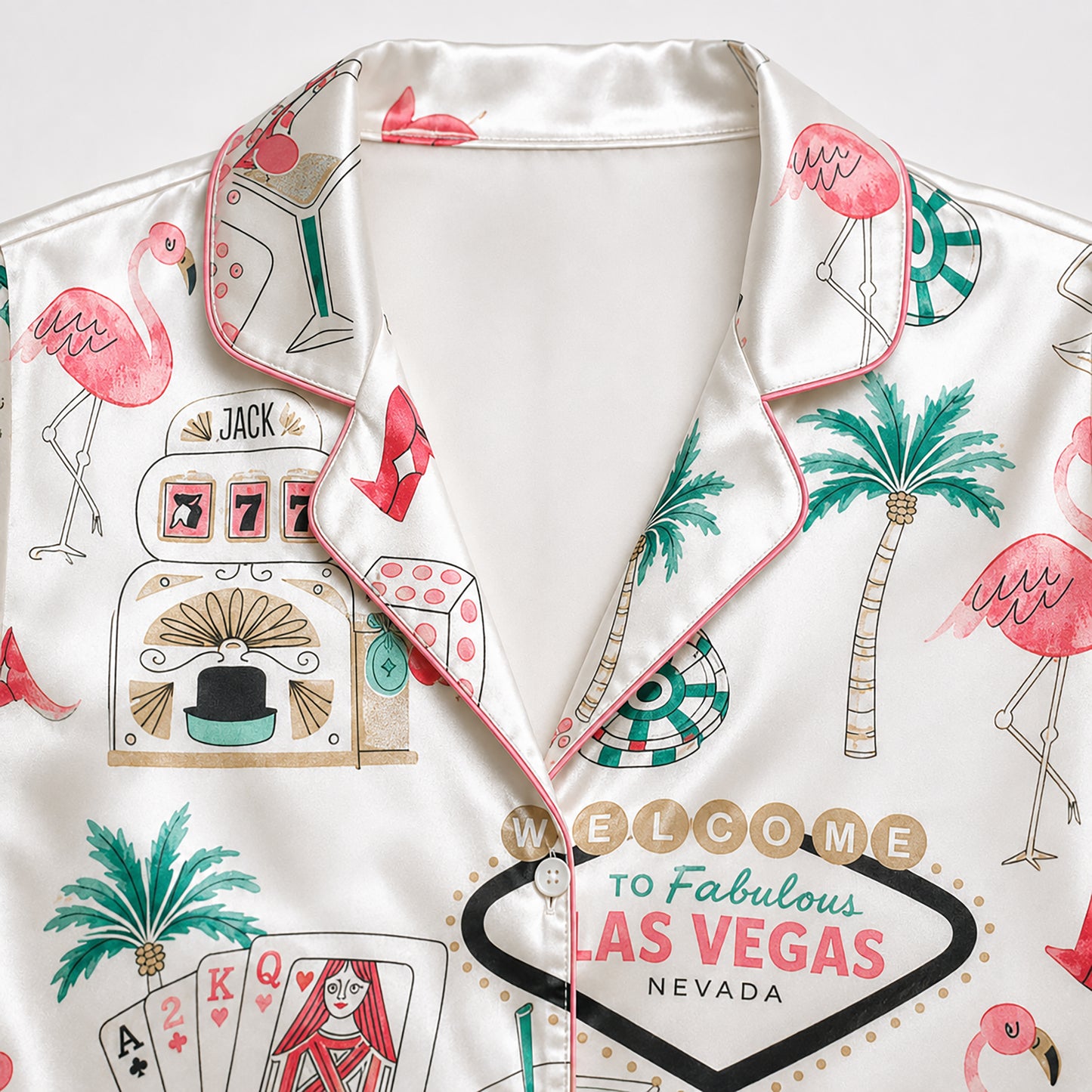 PJ-362-White Satin Flamingo Pajama Apparel, Vegas Motif Pattern Sleeve Loungewear Sleepwear Collection Nightwear