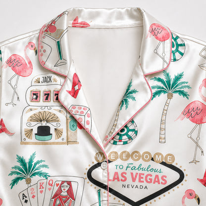 PJ-362-White Satin Flamingo Pajama Apparel, Vegas Motif Pattern Sleeve Loungewear Sleepwear Collection Nightwear