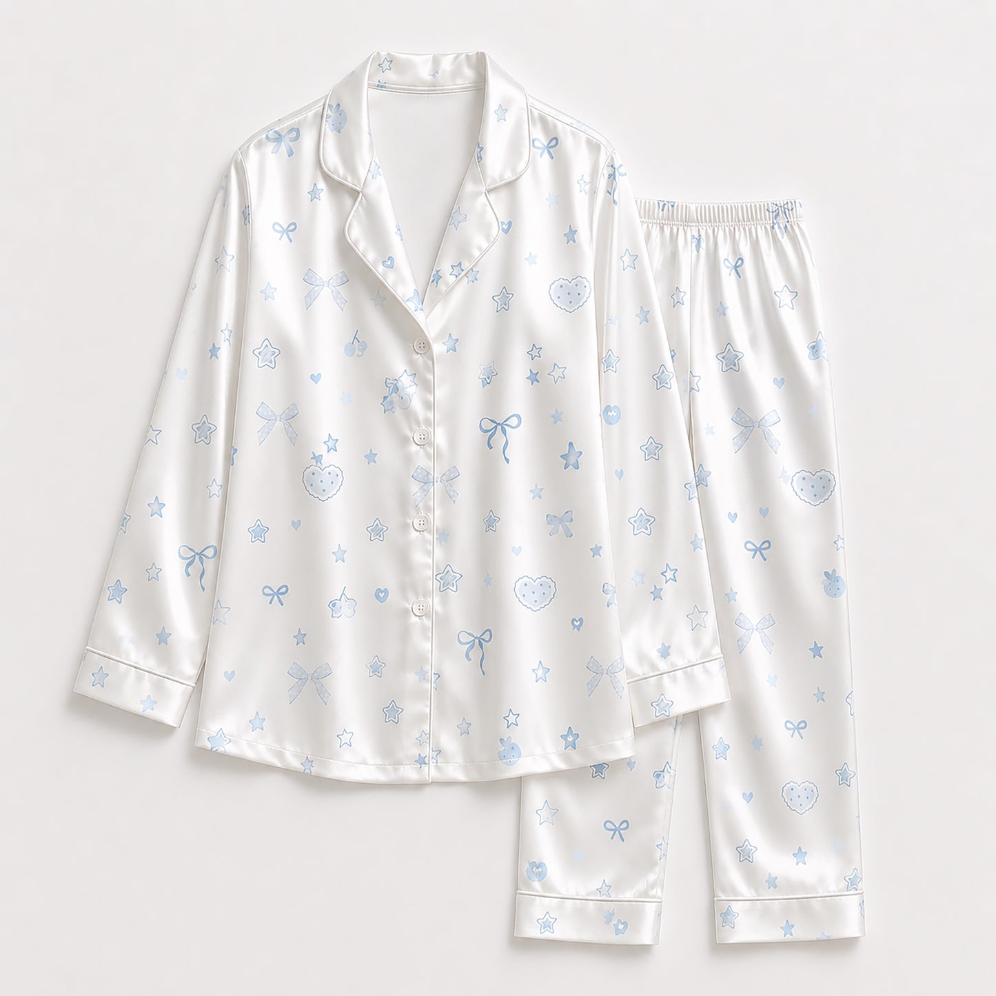PJ-363-White Satin Coquette Pajama Apparel, Blue Ribbon Bow Sleeve Loungewear Sleepwear Collection Nightwear