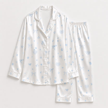 PJ-363-White Satin Coquette Pajama Apparel, Blue Ribbon Bow Sleeve Loungewear Sleepwear Collection Nightwear