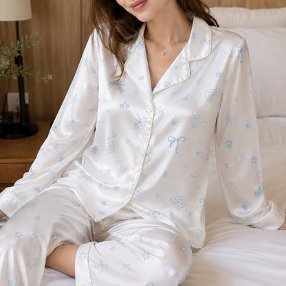 PJ-363-White Satin Coquette Pajama Apparel, Blue Ribbon Bow Sleeve Loungewear Sleepwear Collection Nightwear
