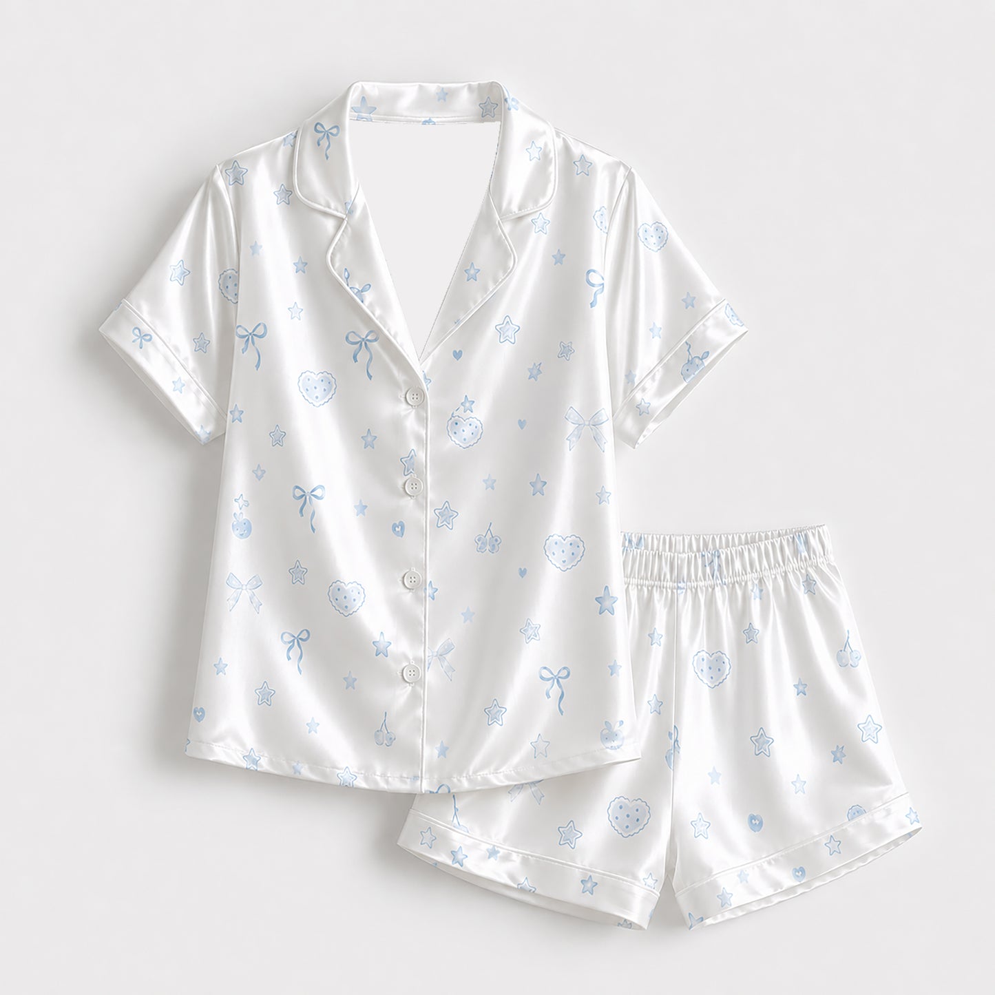 PJ-363-White Satin Coquette Pajama Apparel, Blue Ribbon Bow Sleeve Loungewear Sleepwear Collection Nightwear