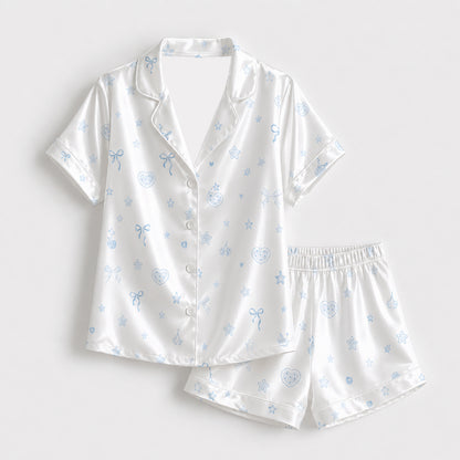 PJ-363-White Satin Coquette Pajama Apparel, Blue Ribbon Bow Sleeve Loungewear Sleepwear Collection Nightwear