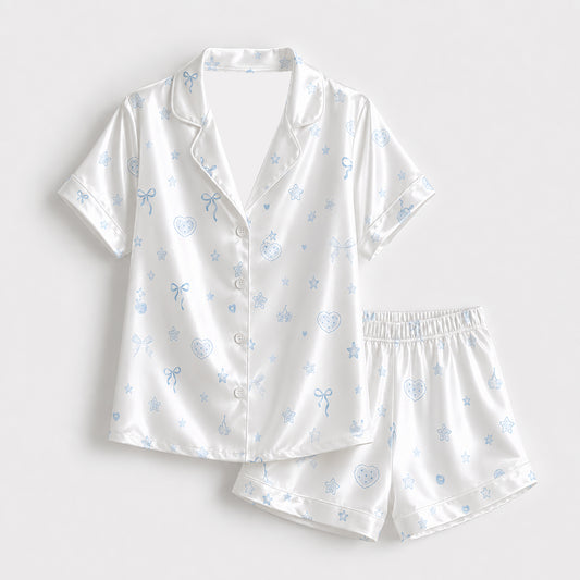 PJ-363-White Satin Coquette Pajama Apparel, Blue Ribbon Bow Sleeve Loungewear Sleepwear Collection Nightwear