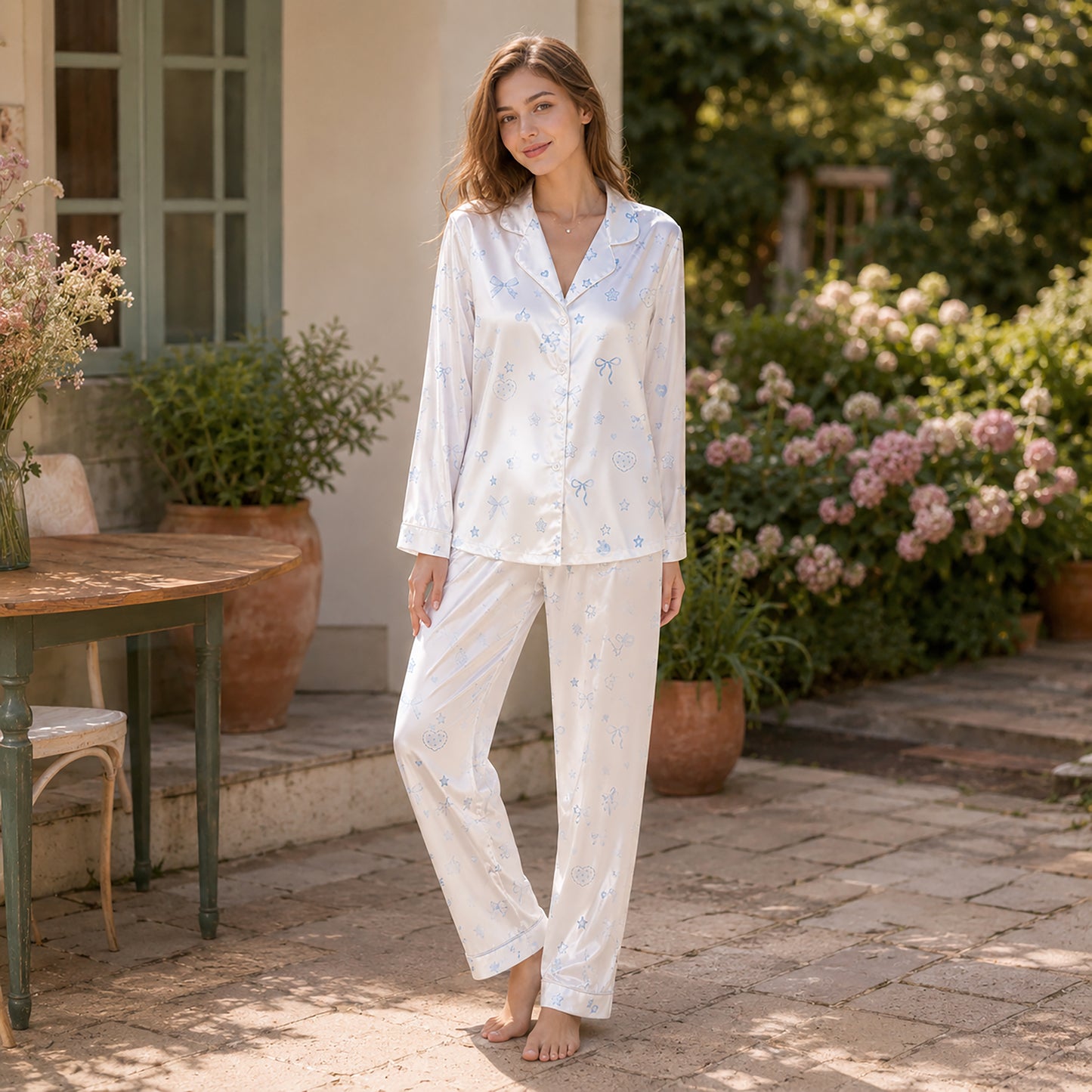PJ-363-White Satin Coquette Pajama Apparel, Blue Ribbon Bow Sleeve Loungewear Sleepwear Collection Nightwear