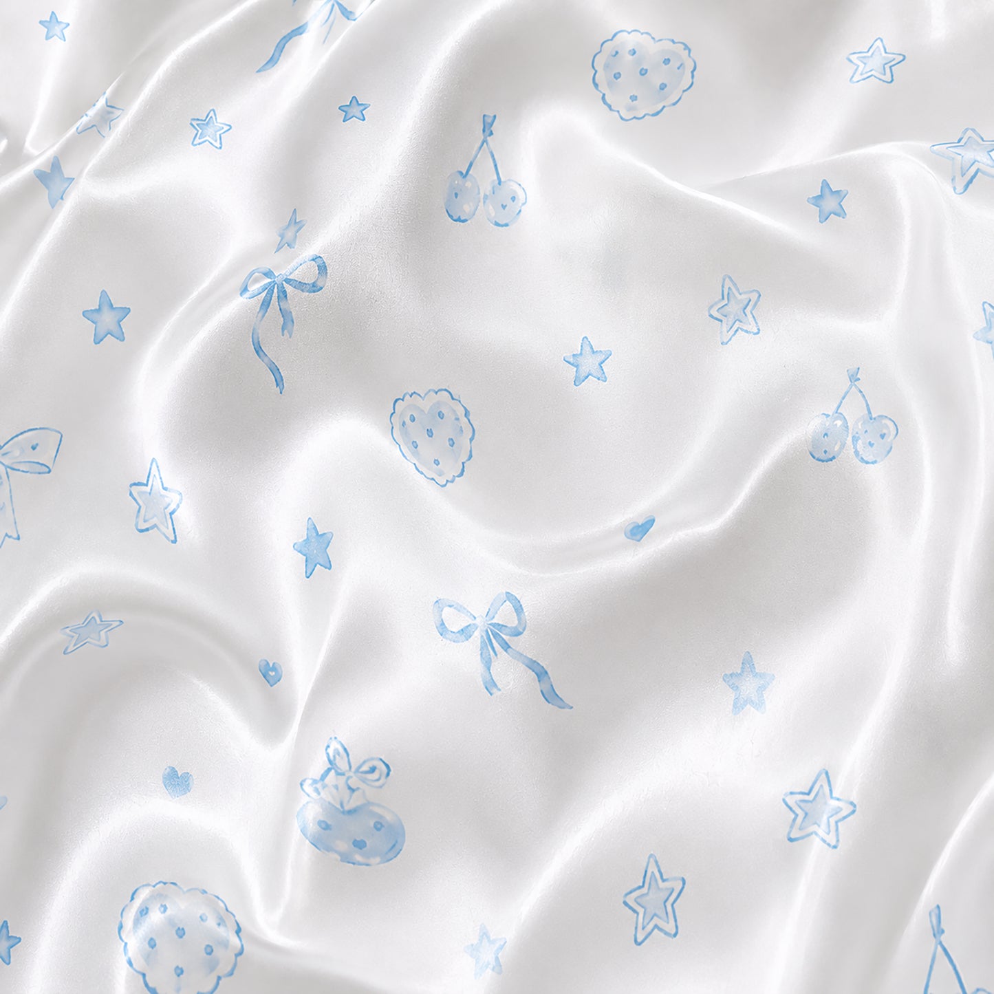 PJ-363-White Satin Coquette Pajama Apparel, Blue Ribbon Bow Sleeve Loungewear Sleepwear Collection Nightwear