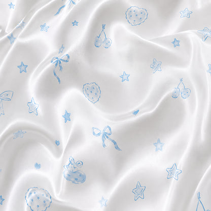 PJ-363-White Satin Coquette Pajama Apparel, Blue Ribbon Bow Sleeve Loungewear Sleepwear Collection Nightwear