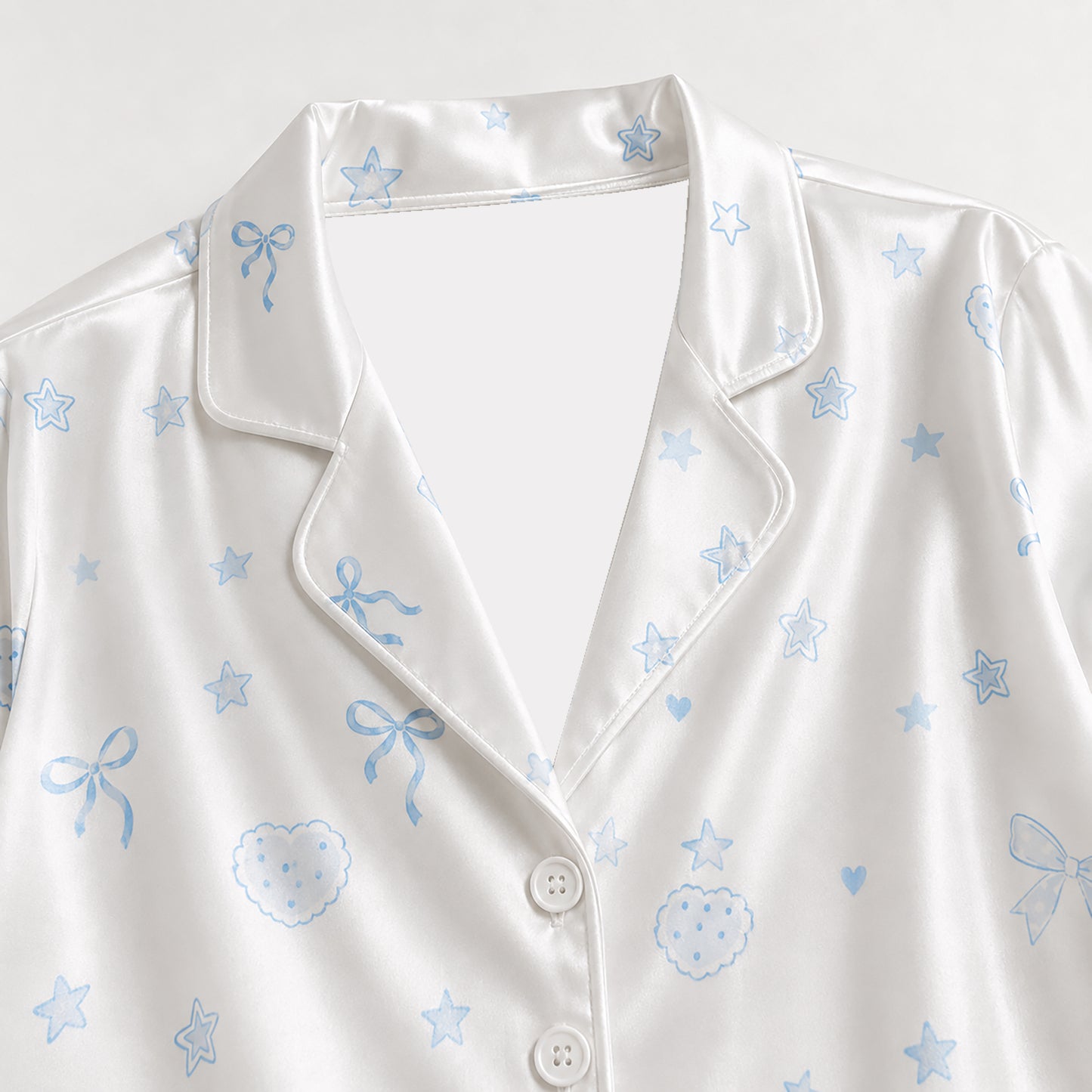 PJ-363-White Satin Coquette Pajama Apparel, Blue Ribbon Bow Sleeve Loungewear Sleepwear Collection Nightwear