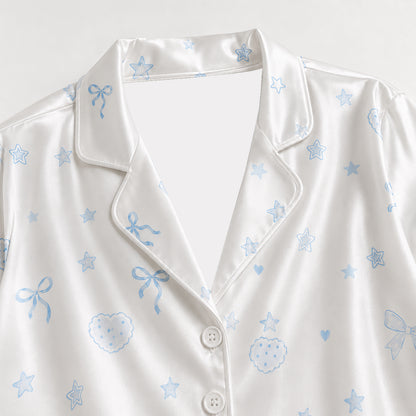 PJ-363-White Satin Coquette Pajama Apparel, Blue Ribbon Bow Sleeve Loungewear Sleepwear Collection Nightwear