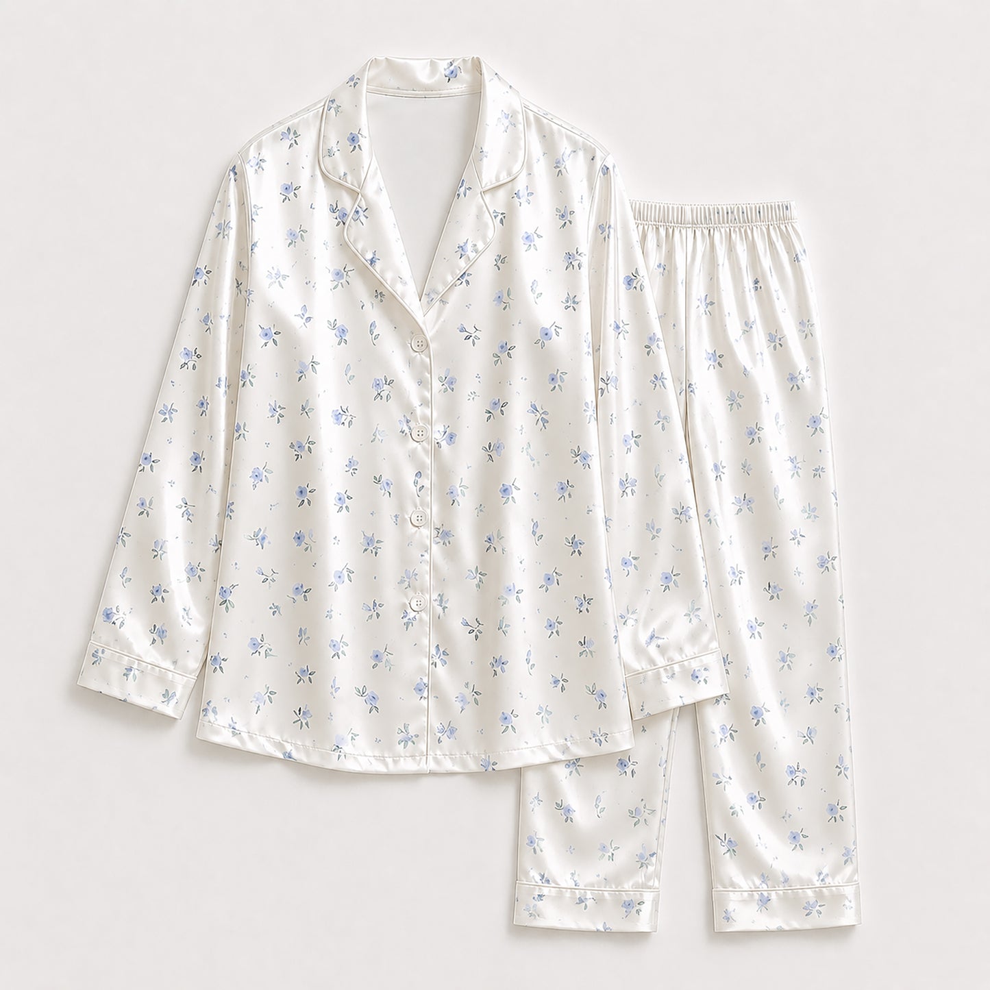 PJ-364-White Satin Floral Pajama Apparel, Blue Rose Pattern Sleeve Loungewear Sleepwear Collection Nightwear