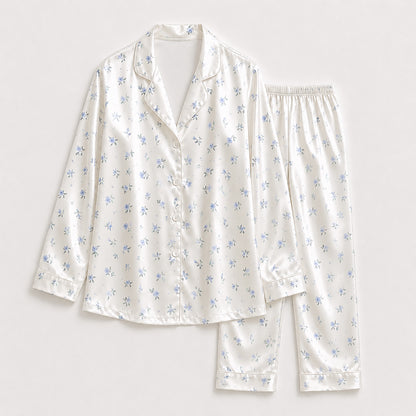 PJ-364-White Satin Floral Pajama Apparel, Blue Rose Pattern Sleeve Loungewear Sleepwear Collection Nightwear