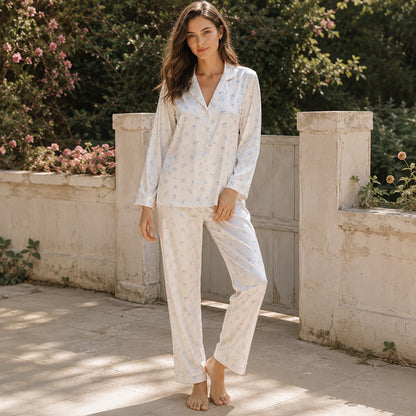 PJ-364-White Satin Floral Pajama Apparel, Blue Rose Pattern Sleeve Loungewear Sleepwear Collection Nightwear