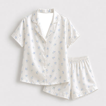 PJ-364-White Satin Floral Pajama Apparel, Blue Rose Pattern Sleeve Loungewear Sleepwear Collection Nightwear